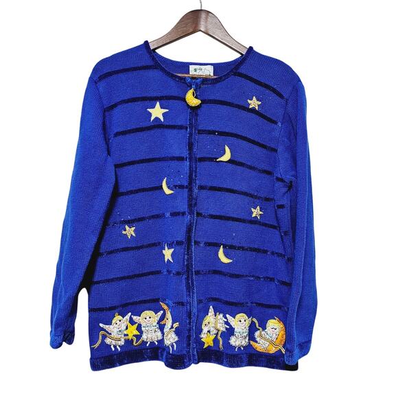 VTG Quacker Factory Christmas Sweater Cardigan Full Zip Blue Angels Stars Moon L - Picture 1 of 8